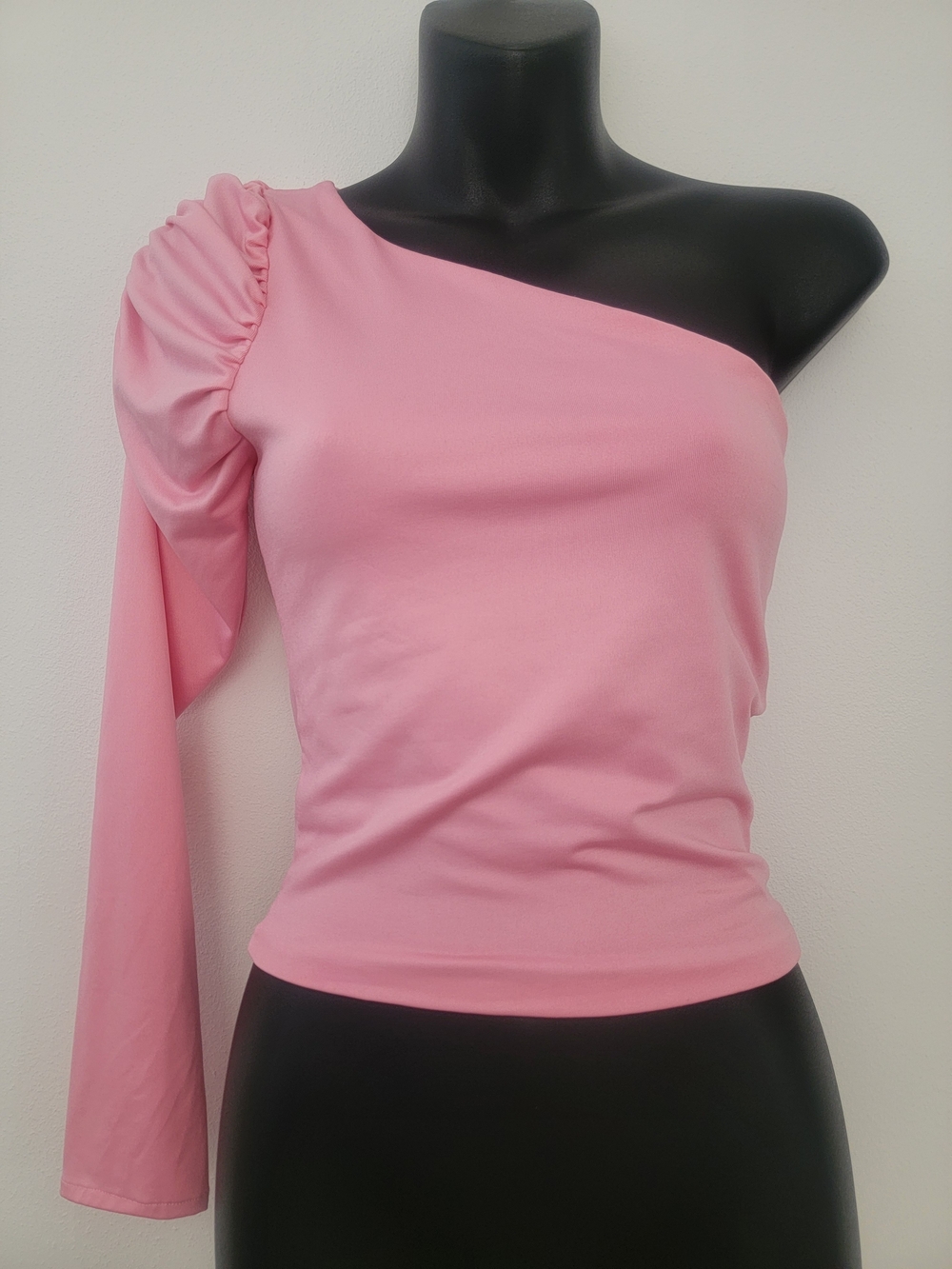 One-Shoulder Pink Ruched Sleeve Top